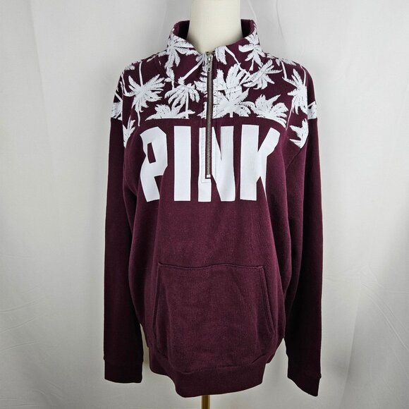 Victorias Secret PINK Maroon Half Zip Mockneck Sweatshirt Palm Print  Size Large - Picture 2 of 8